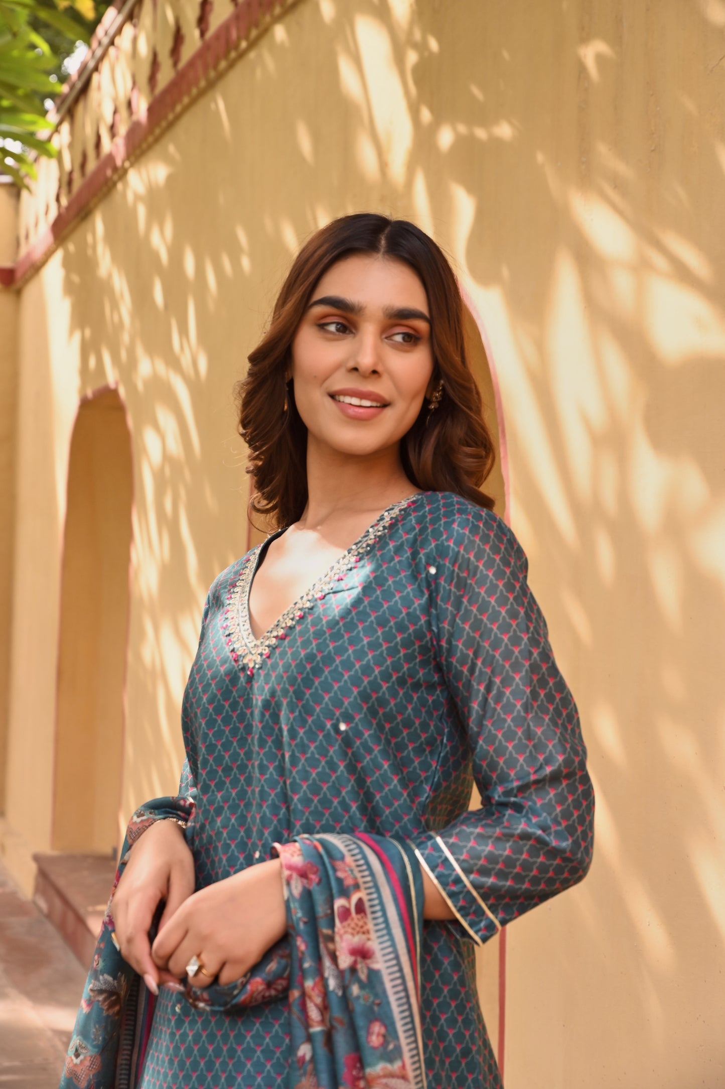 V-NECK TEAL GREEN CHANDERI KURTA SET