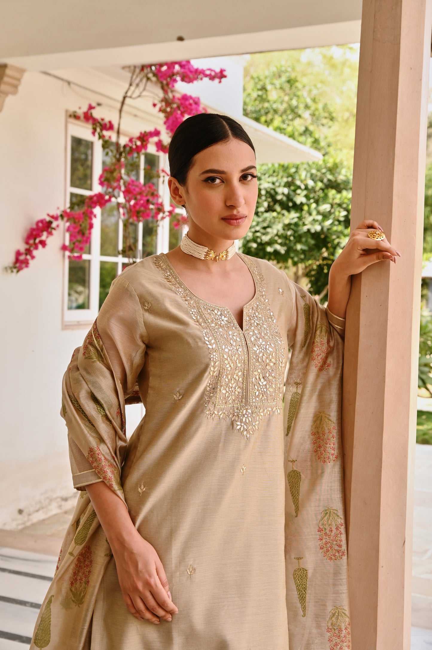 BEIGE CHANDERI GOTA PATTI KURTA SET