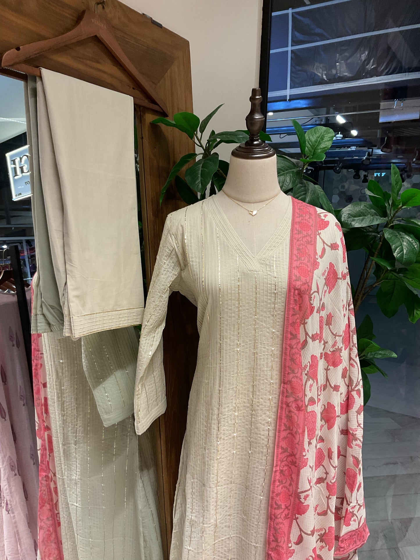 Cream with Peach Printed Dupatta Suit Set