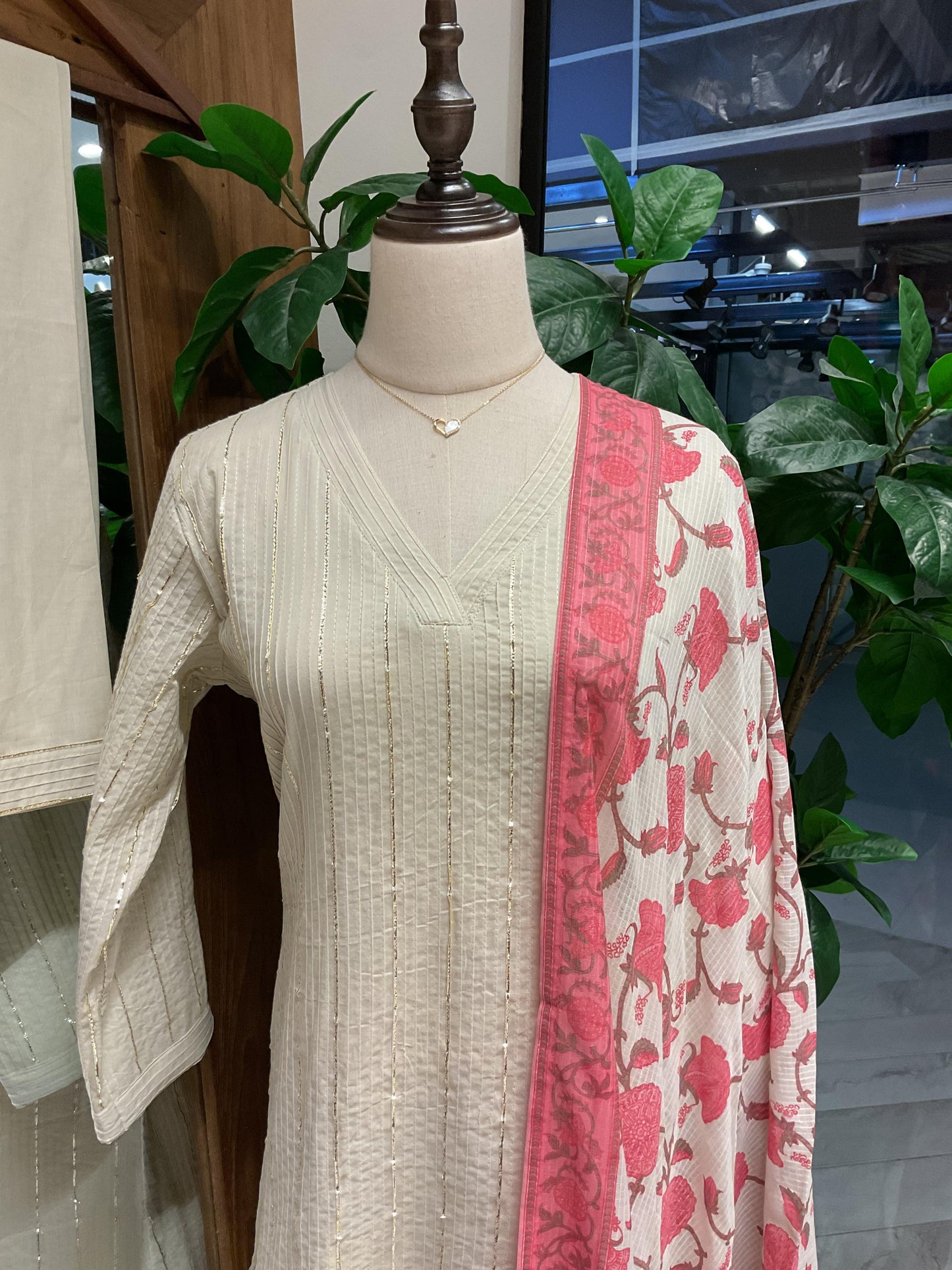 Cream with Peach Printed Dupatta Suit Set