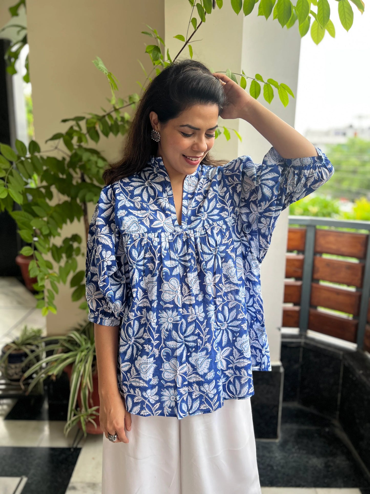 Blue Printed Loose Fit Cotton Top