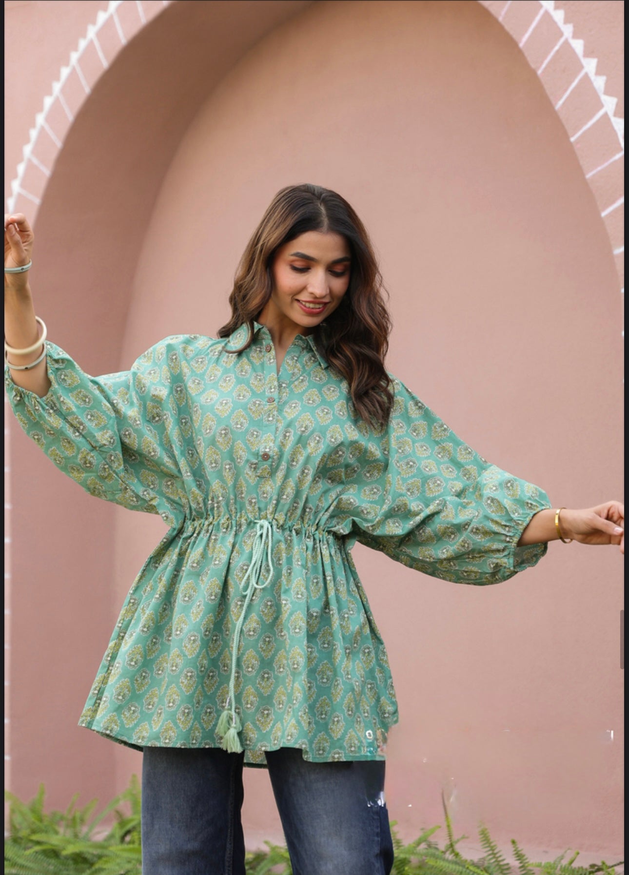 Green Handblock Printed Shirt Style Kaftan Top