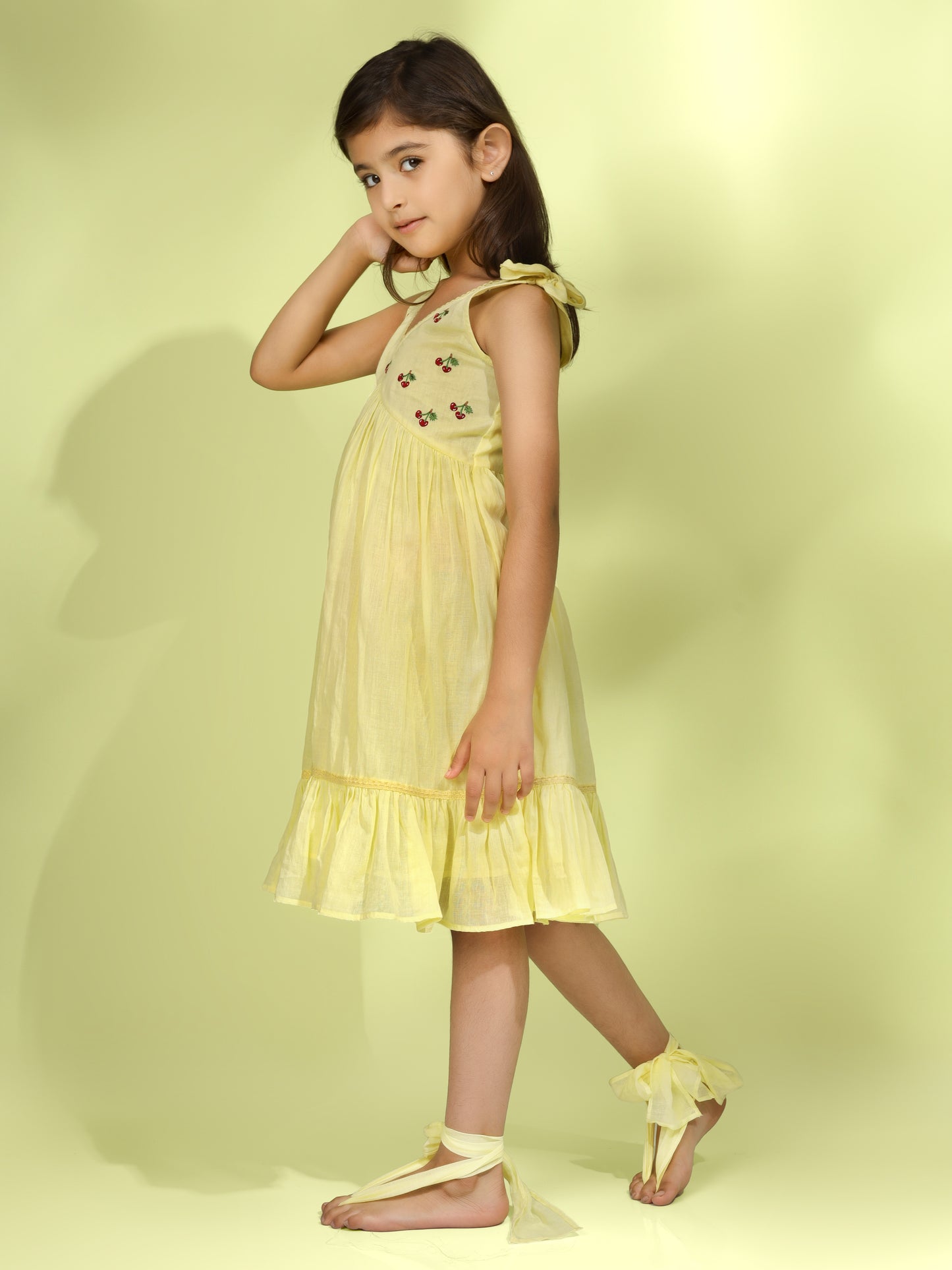 Jiyara - Bright Yellow Cherry Embroidered Dress