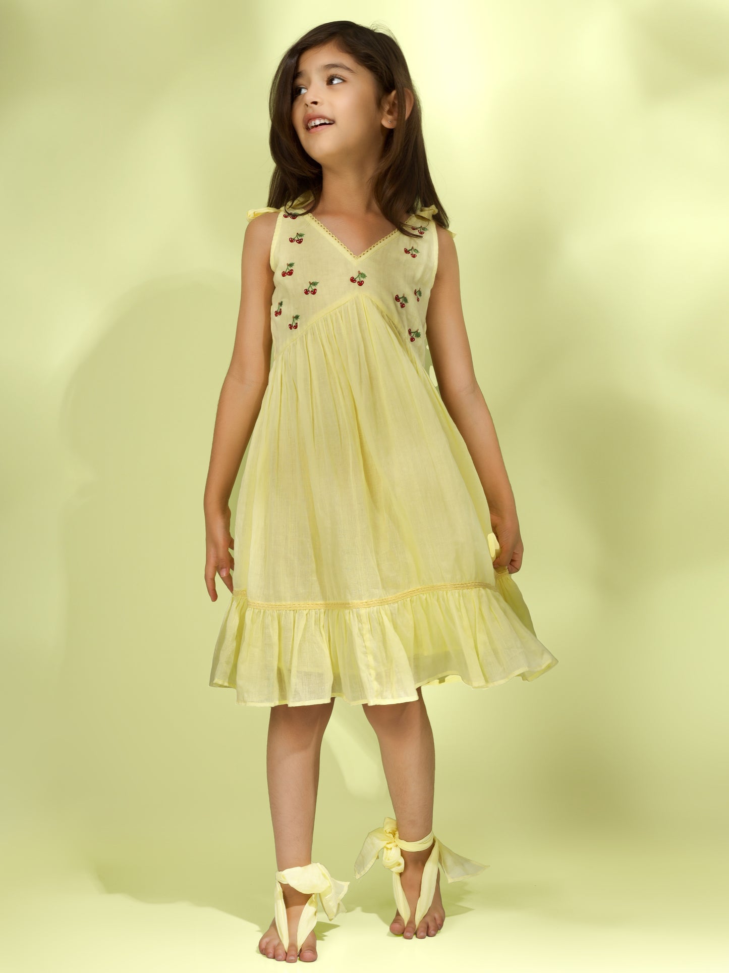 Jiyara - Bright Yellow Cherry Embroidered Dress