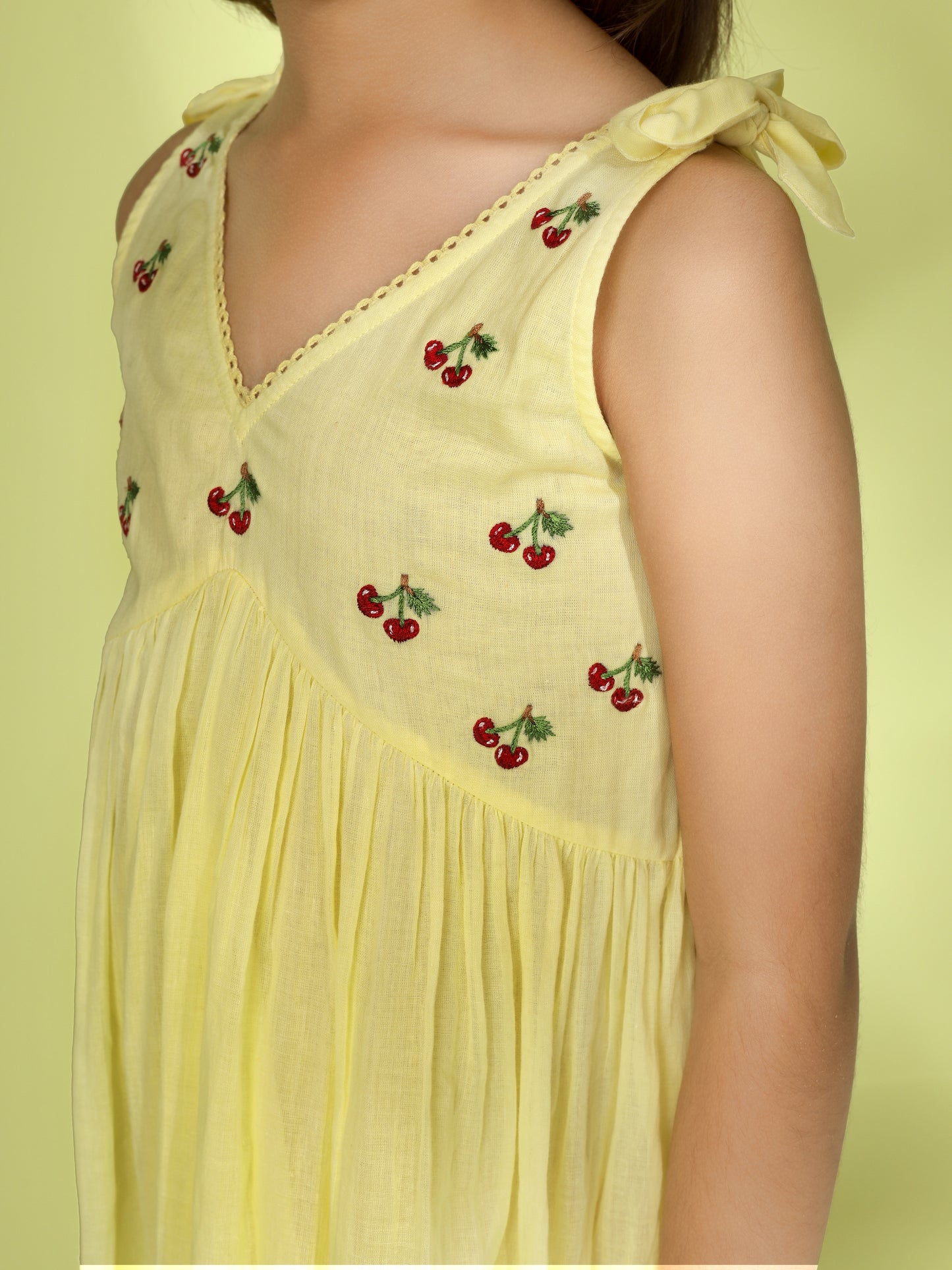 Jiyara - Bright Yellow Cherry Embroidered Dress