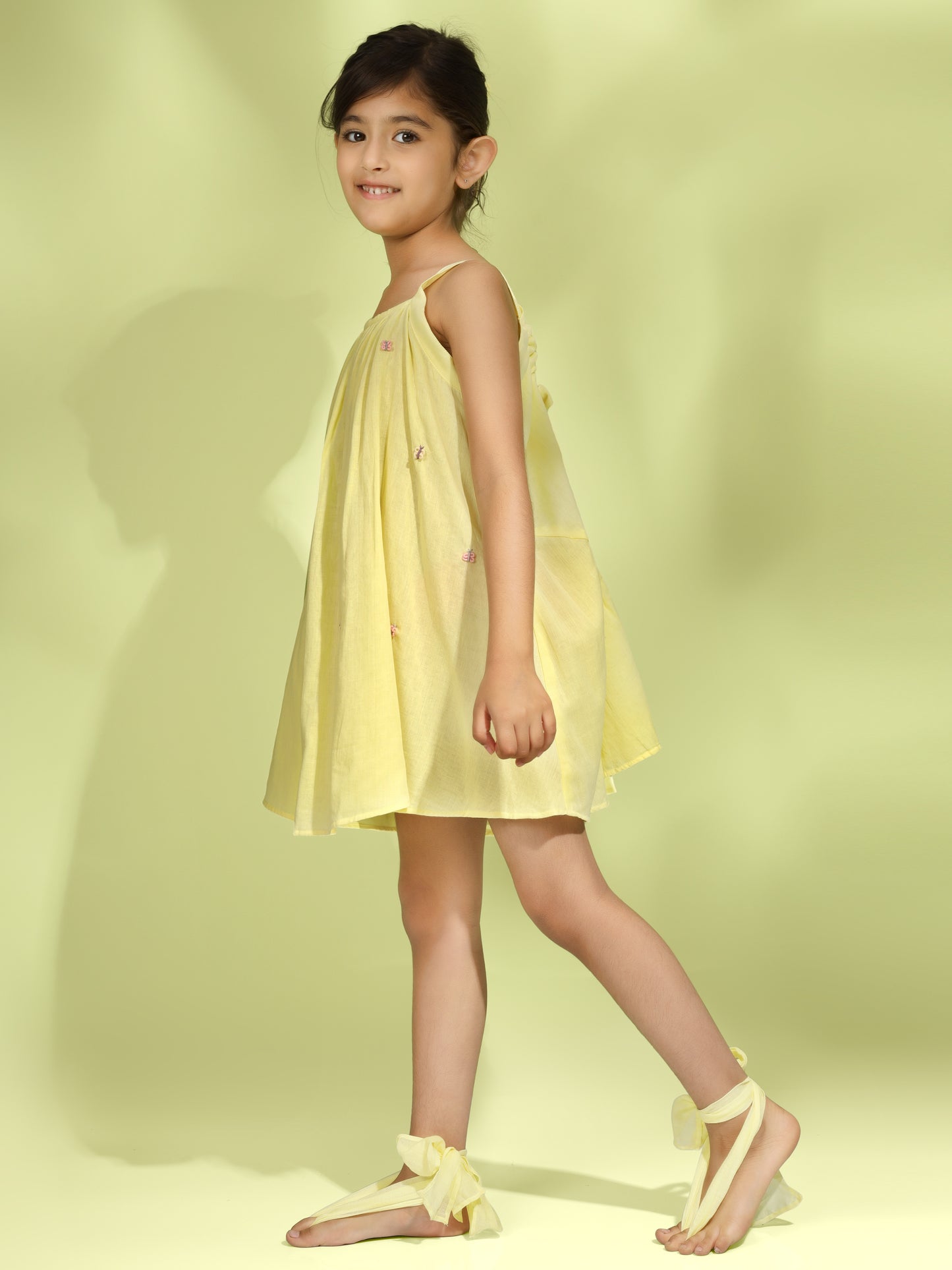 Jiyara - Yellow Butterfly Embroidered Back Adjustable Dress