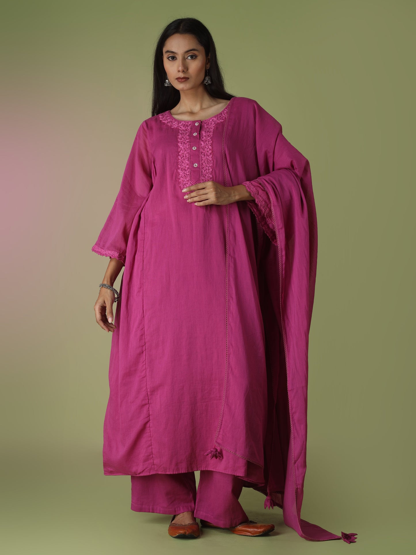 Raspberry Side Gather Anarkali Suit Set