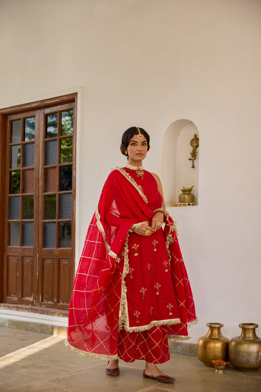 Halter Key Hole Straight Kurta Set - Kumkum Red