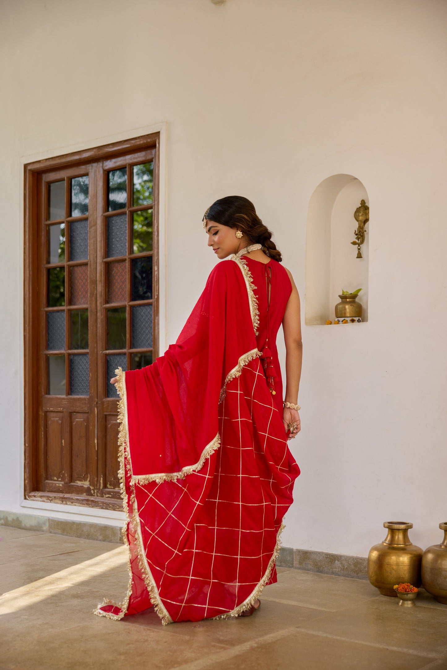 Halter Key Hole Straight Kurta Set - Kumkum Red