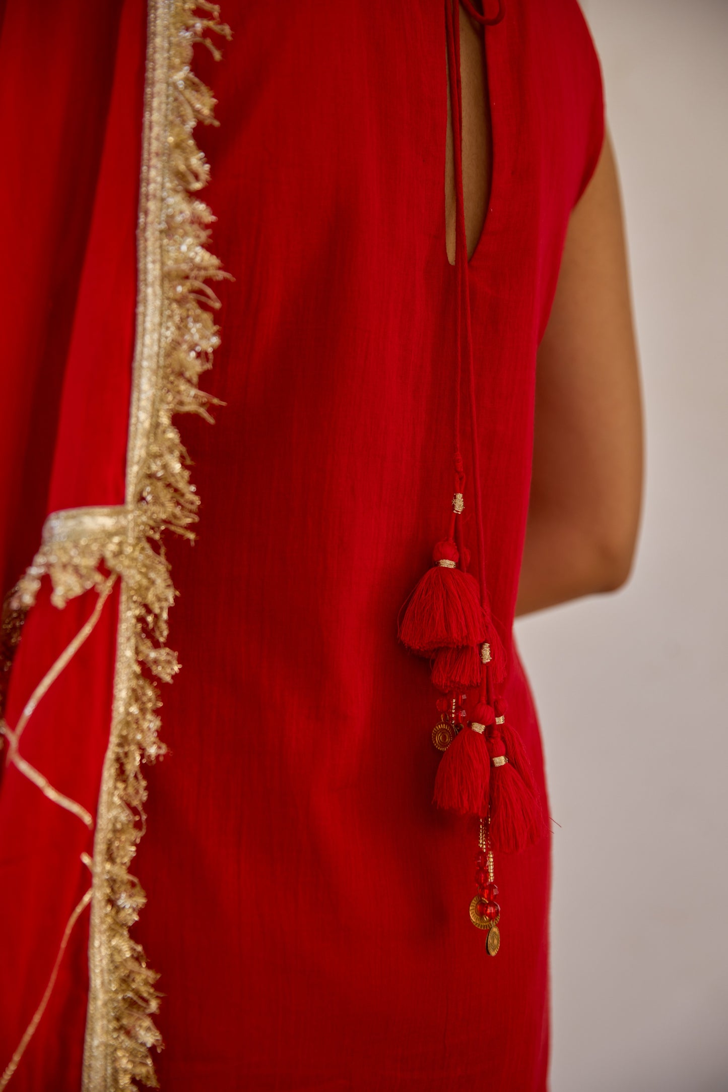 Halter Key Hole Straight Kurta Set - Kumkum Red