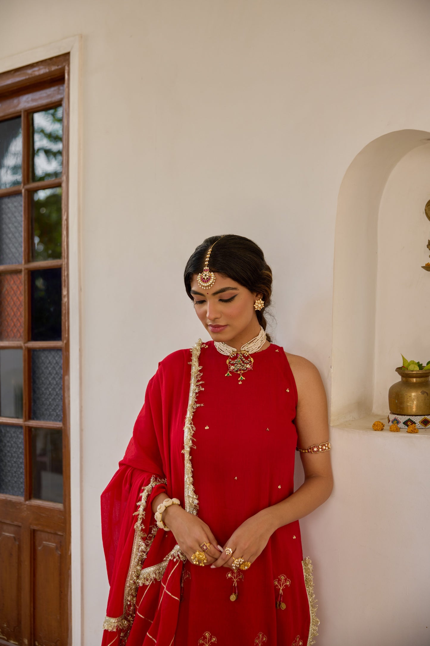 Halter Key Hole Straight Kurta Set - Kumkum Red