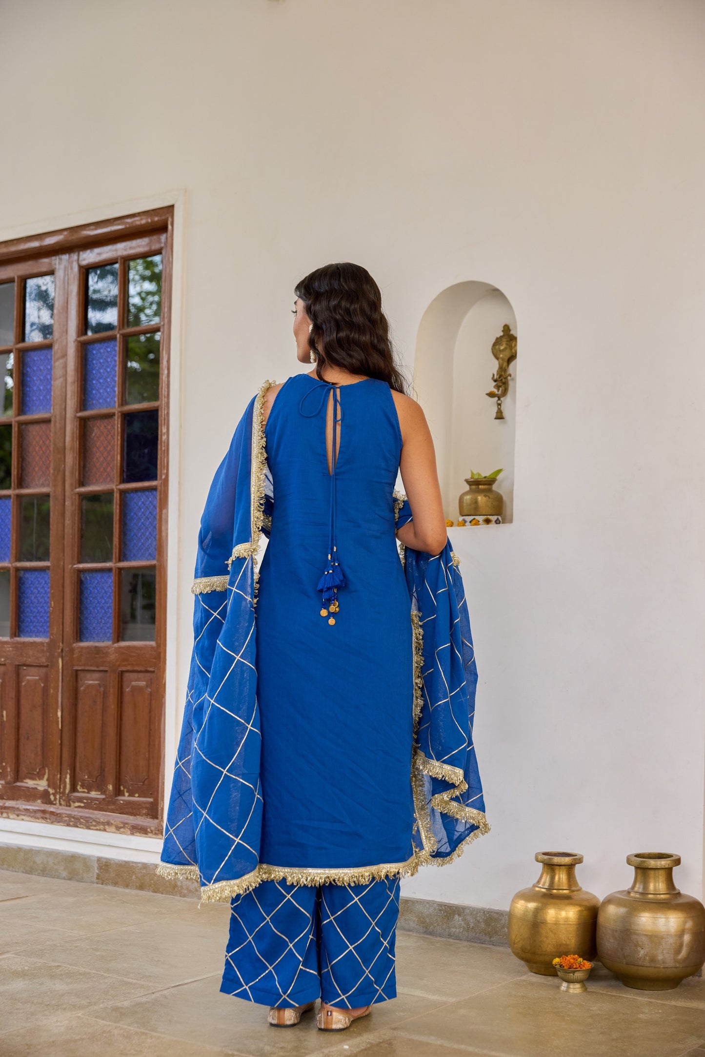Halter Key Hole Straight Kurta Set - Neer Blue