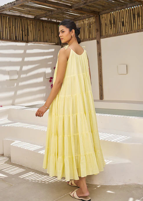 Pastel Yellow Multi Tier Maxi Dress
