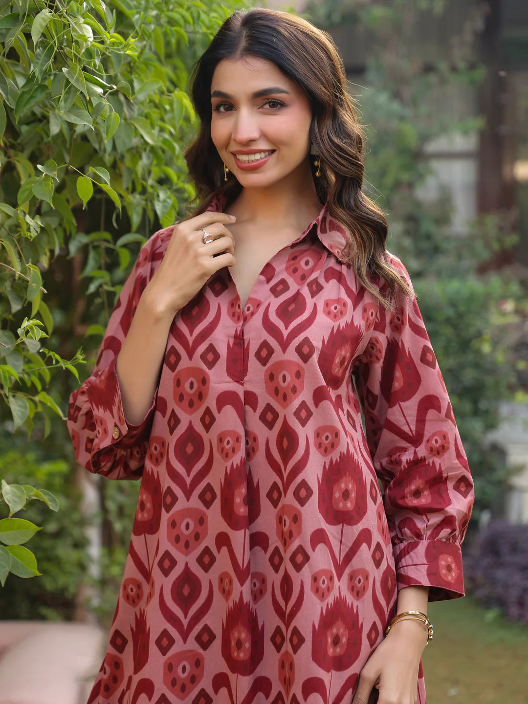 Maroon Ikat Printed Cotton Co-Ord Set