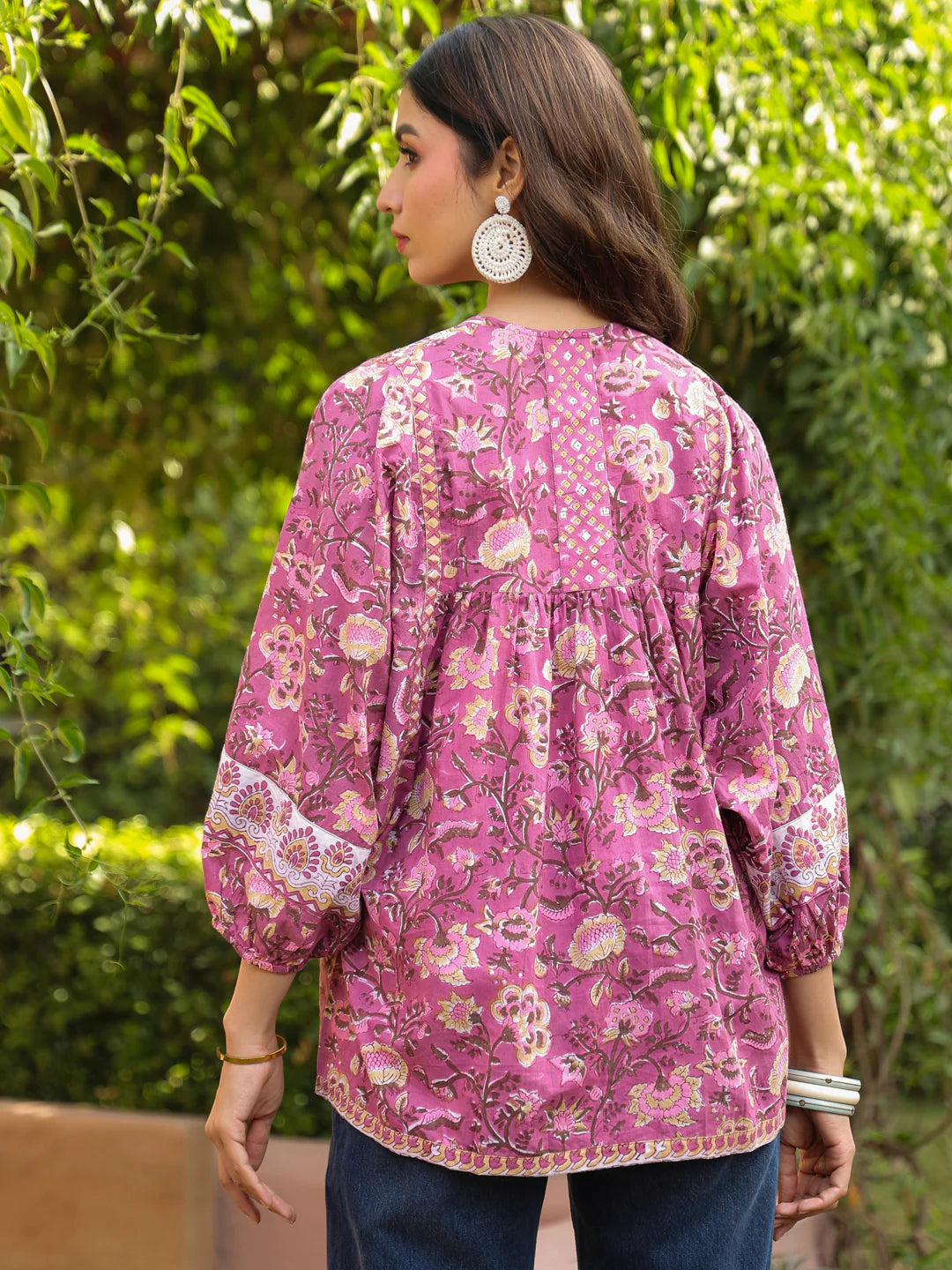 Mauve Hand-block Printed Boho Volume Sleeved Top