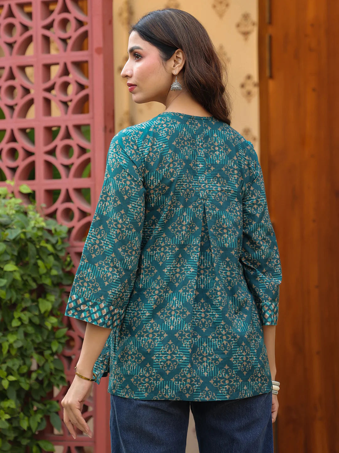 Teal Handblock Printed & Embroidered A-Line Top