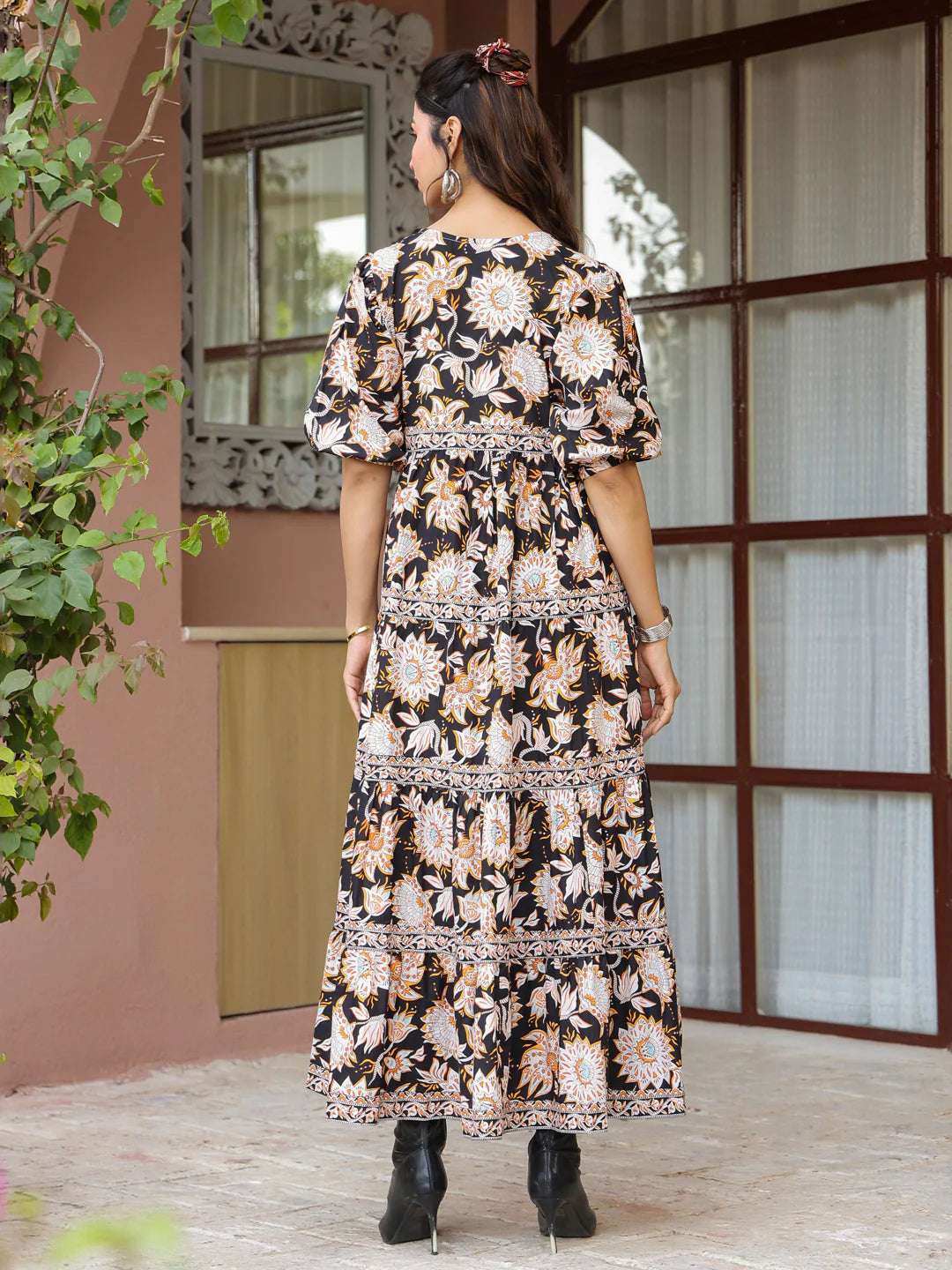 Black Floral Printed Tiered Flared Dress
