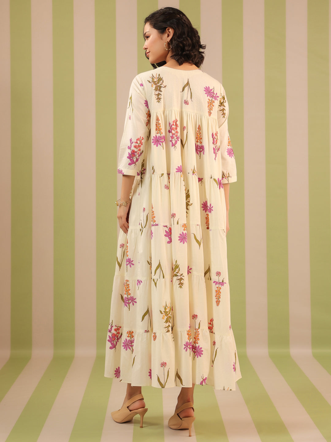 White & Purple Printed Flared Dress with Lining