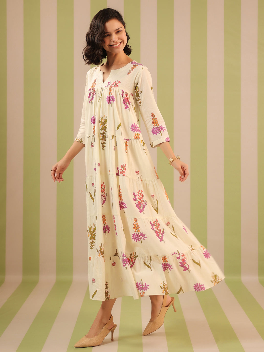 White & Purple Printed Flared Dress with Lining