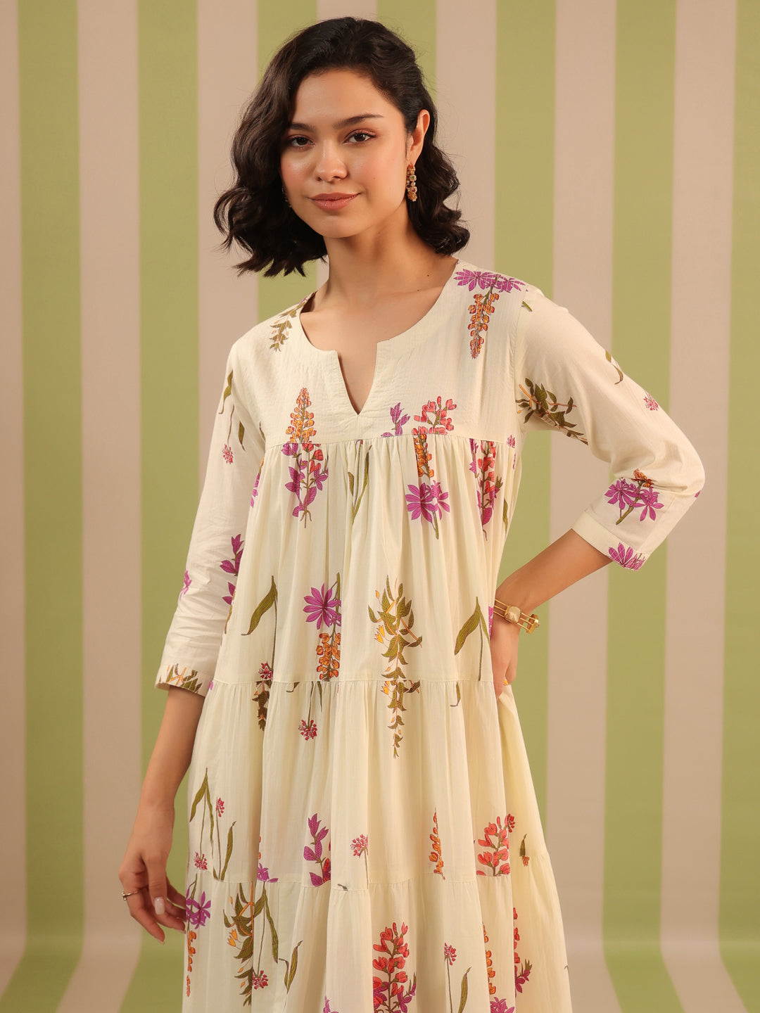 White & Purple Printed Flared Dress with Lining