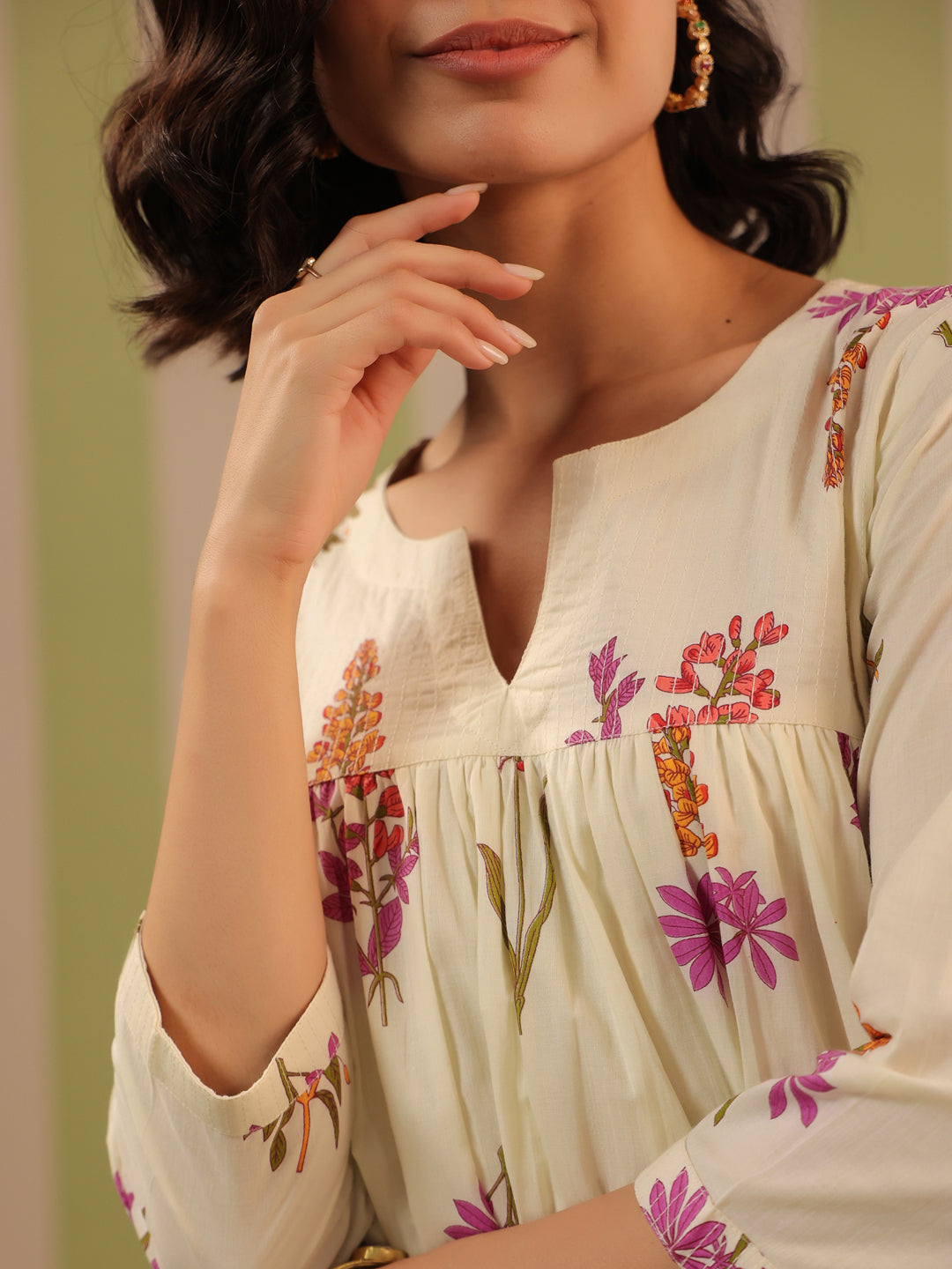 White & Purple Printed Flared Dress with Lining