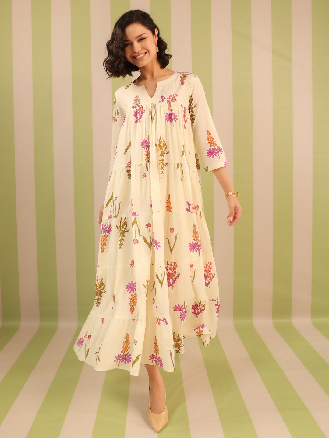 White & Purple Printed Flared Dress with Lining