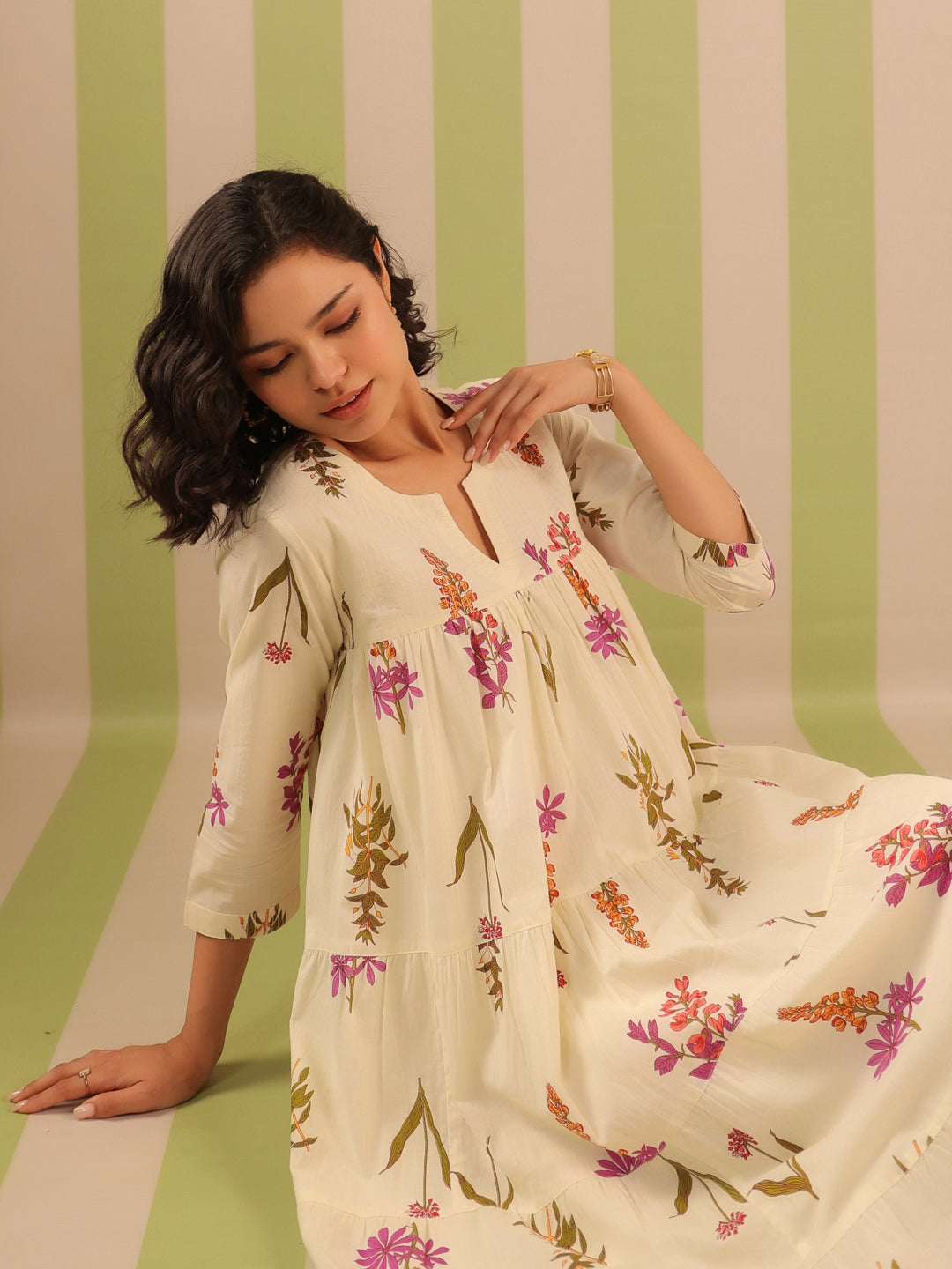 White & Purple Printed Flared Dress with Lining