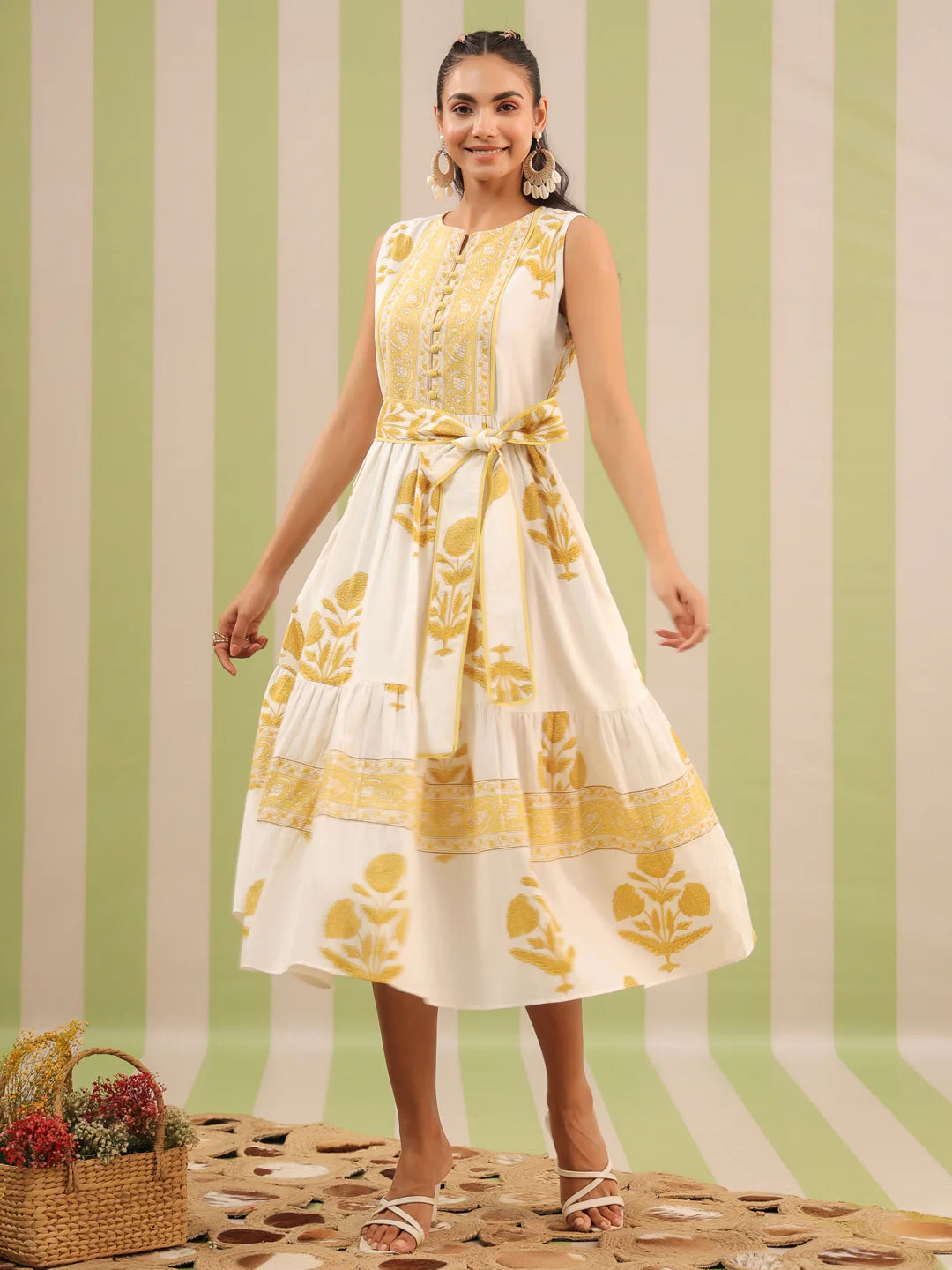White & Yellow Sleeveless Maxi Dress with Belt and Pockets