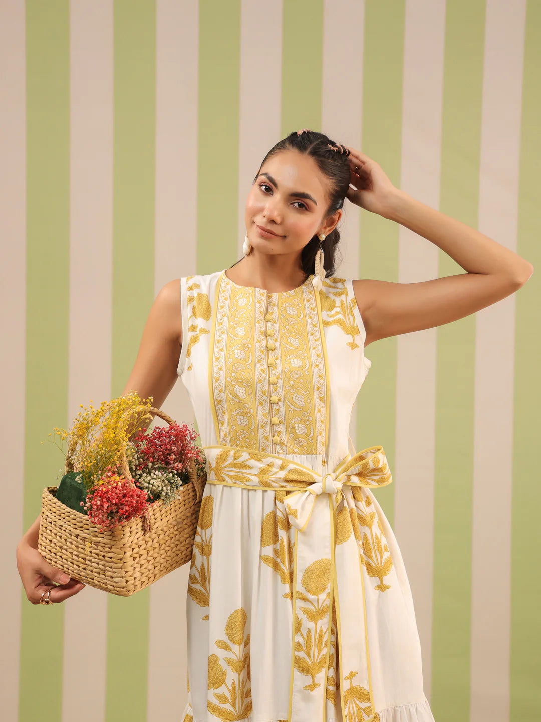 White & Yellow Sleeveless Maxi Dress with Belt and Pockets