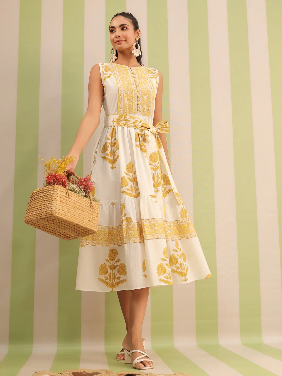 White & Yellow Sleeveless Maxi Dress with Belt and Pockets