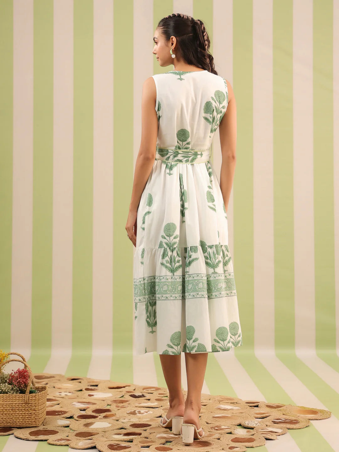 White & Green Sleeveless Maxi Dress with Belt and Pockets