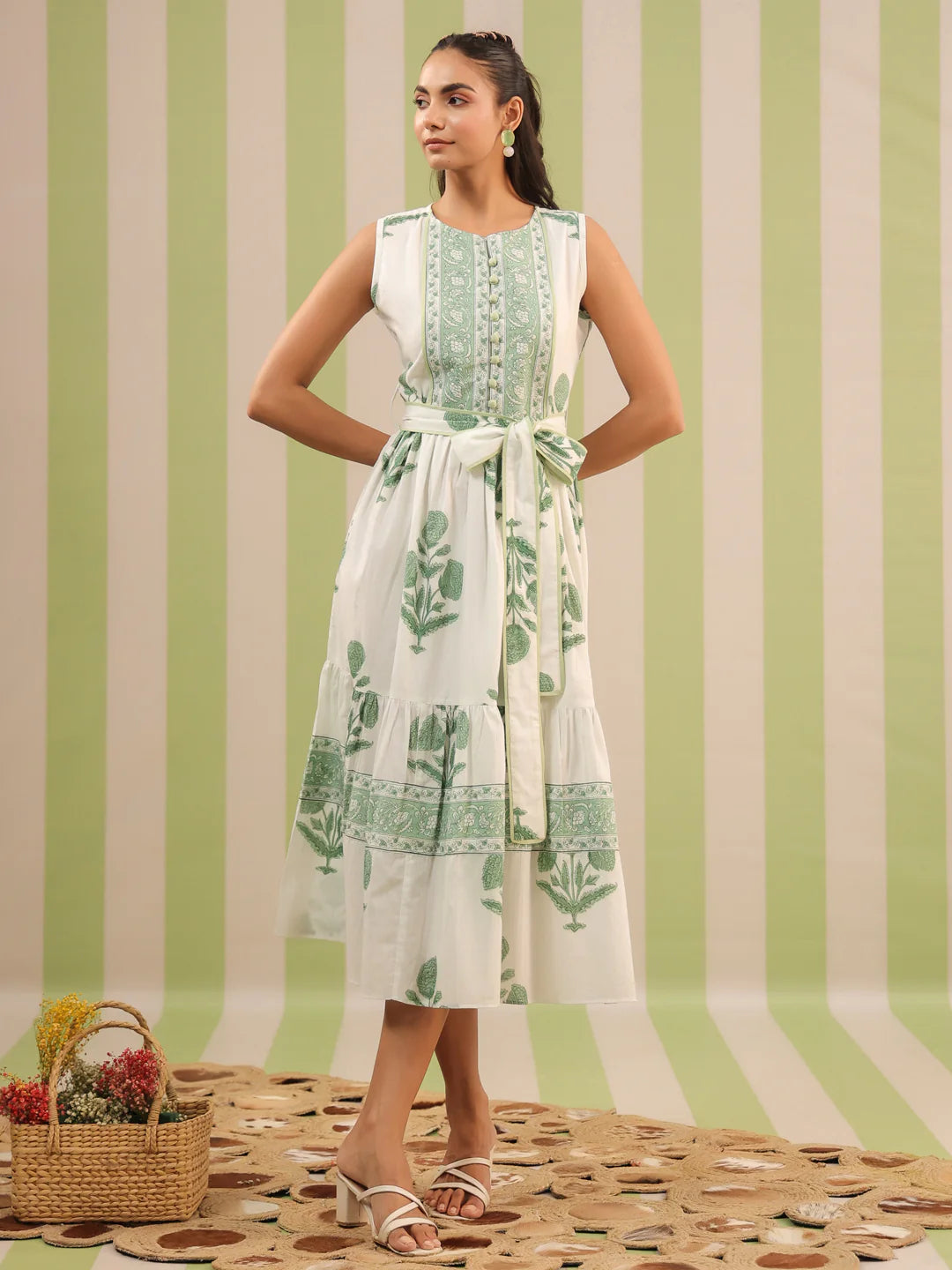 White & Green Sleeveless Maxi Dress with Belt and Pockets