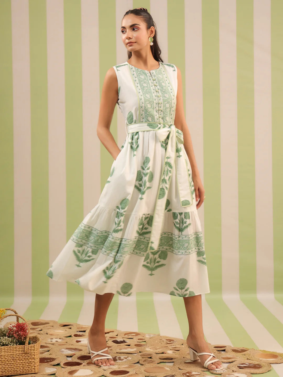 White & Green Sleeveless Maxi Dress with Belt and Pockets