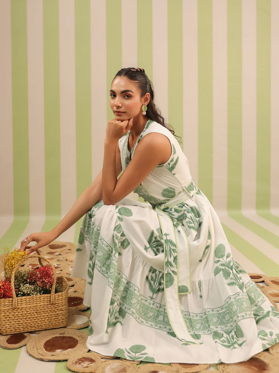 White & Green Sleeveless Maxi Dress with Belt and Pockets