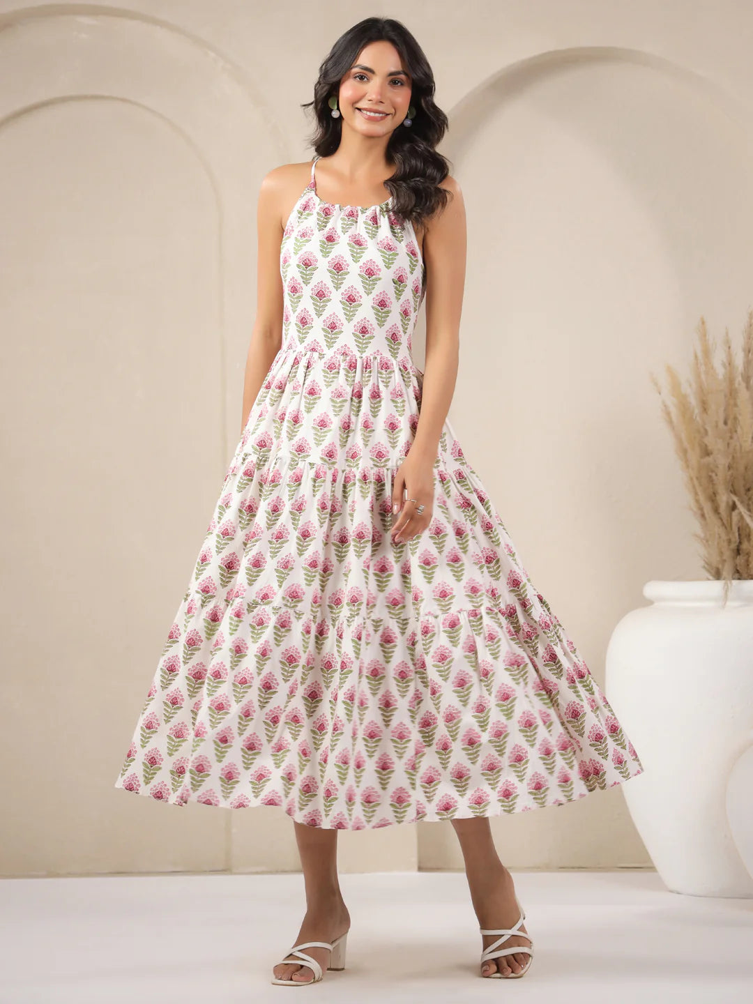 White Booti Handblock Printed Cotton Maxi Dress
