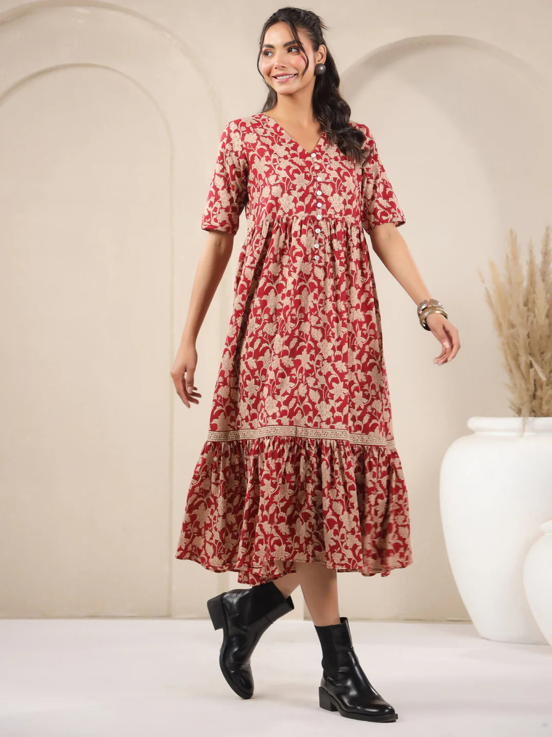 Red V-Neck Printed Cotton Dress