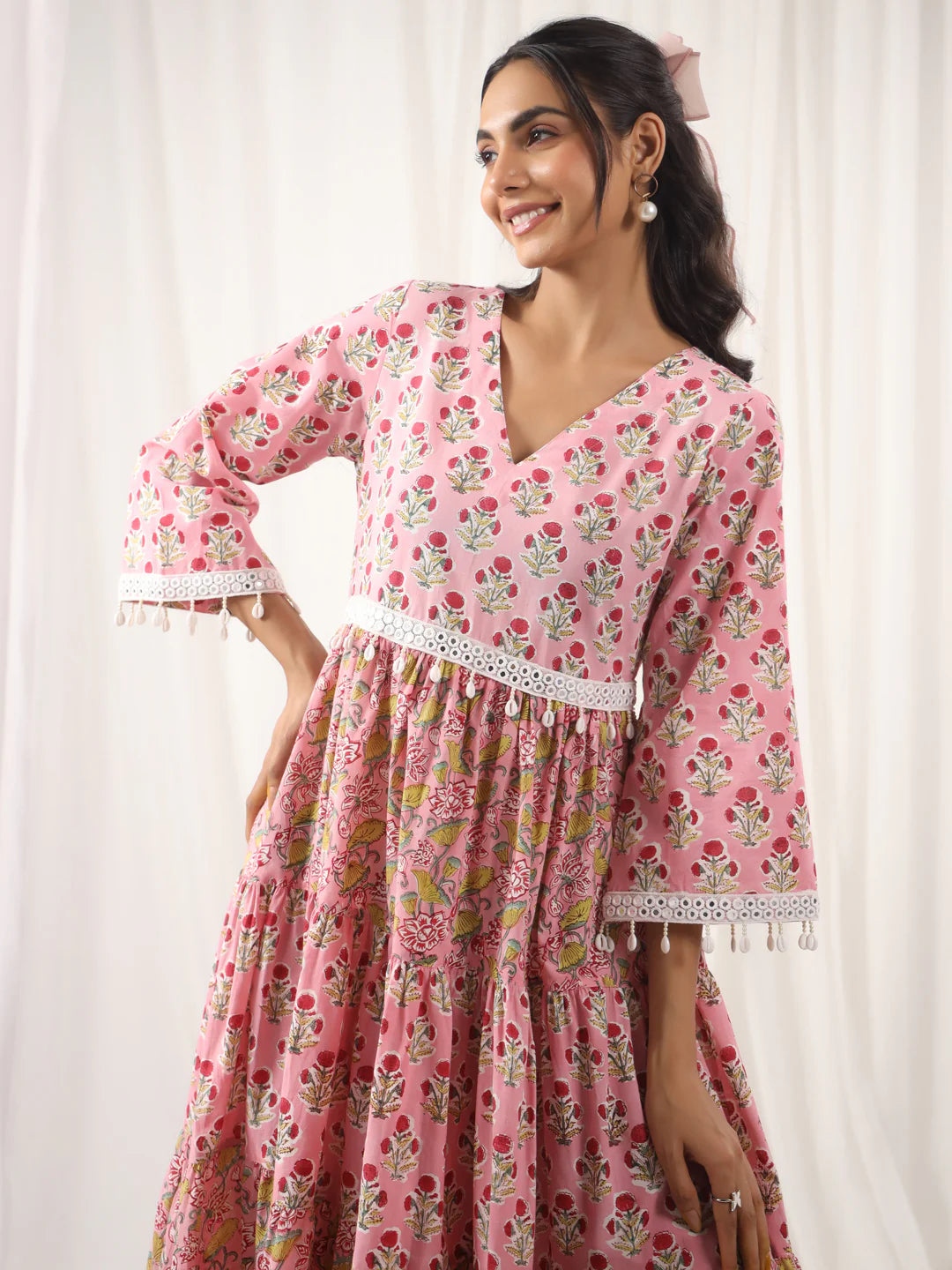 Pink Handblock Printed V-Neck Cotton Tier Dress