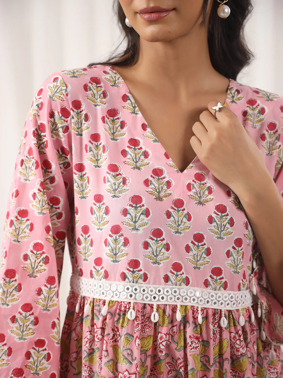 Pink Handblock Printed V-Neck Cotton Tier Dress
