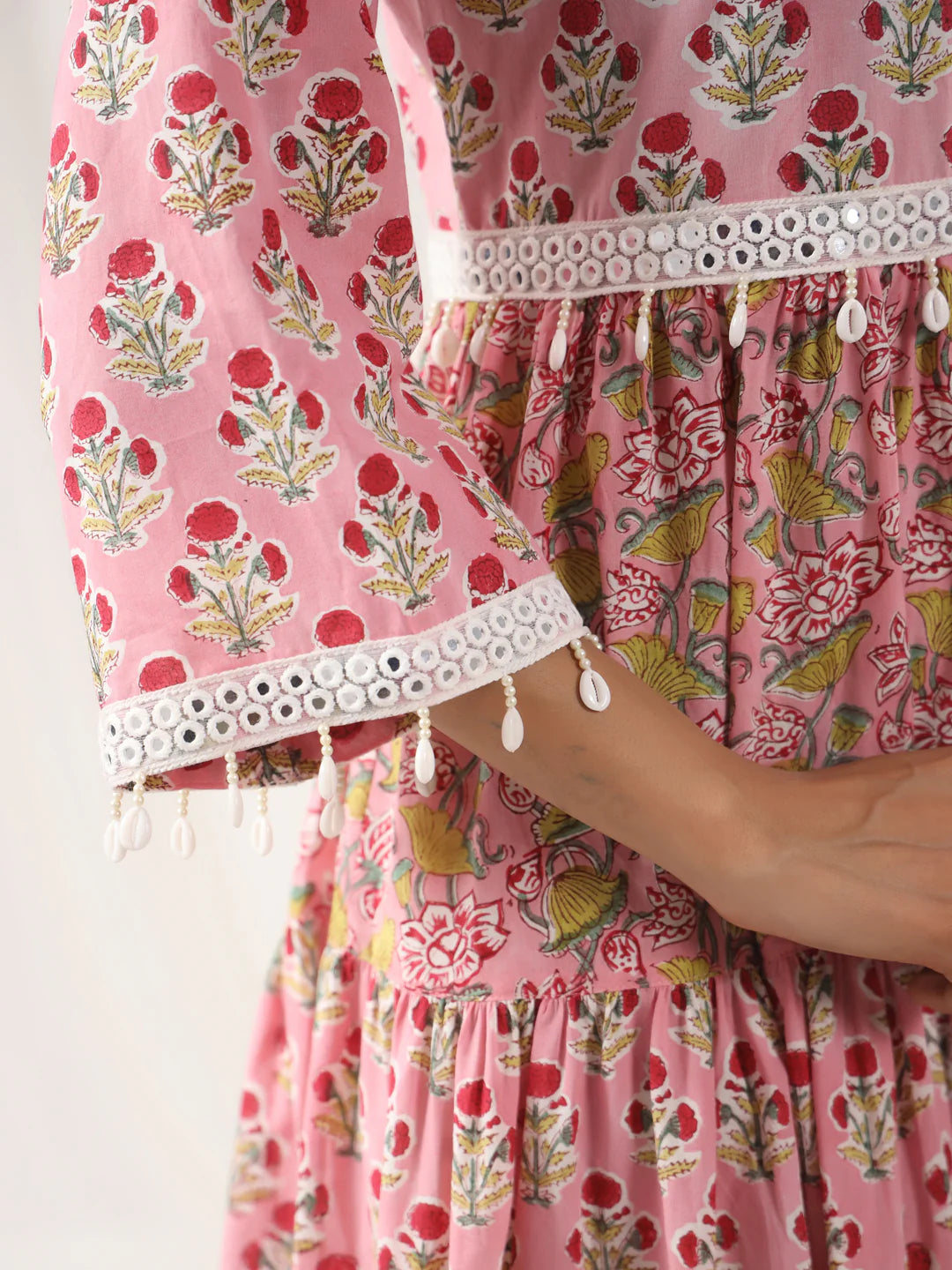 Pink Handblock Printed V-Neck Cotton Tier Dress
