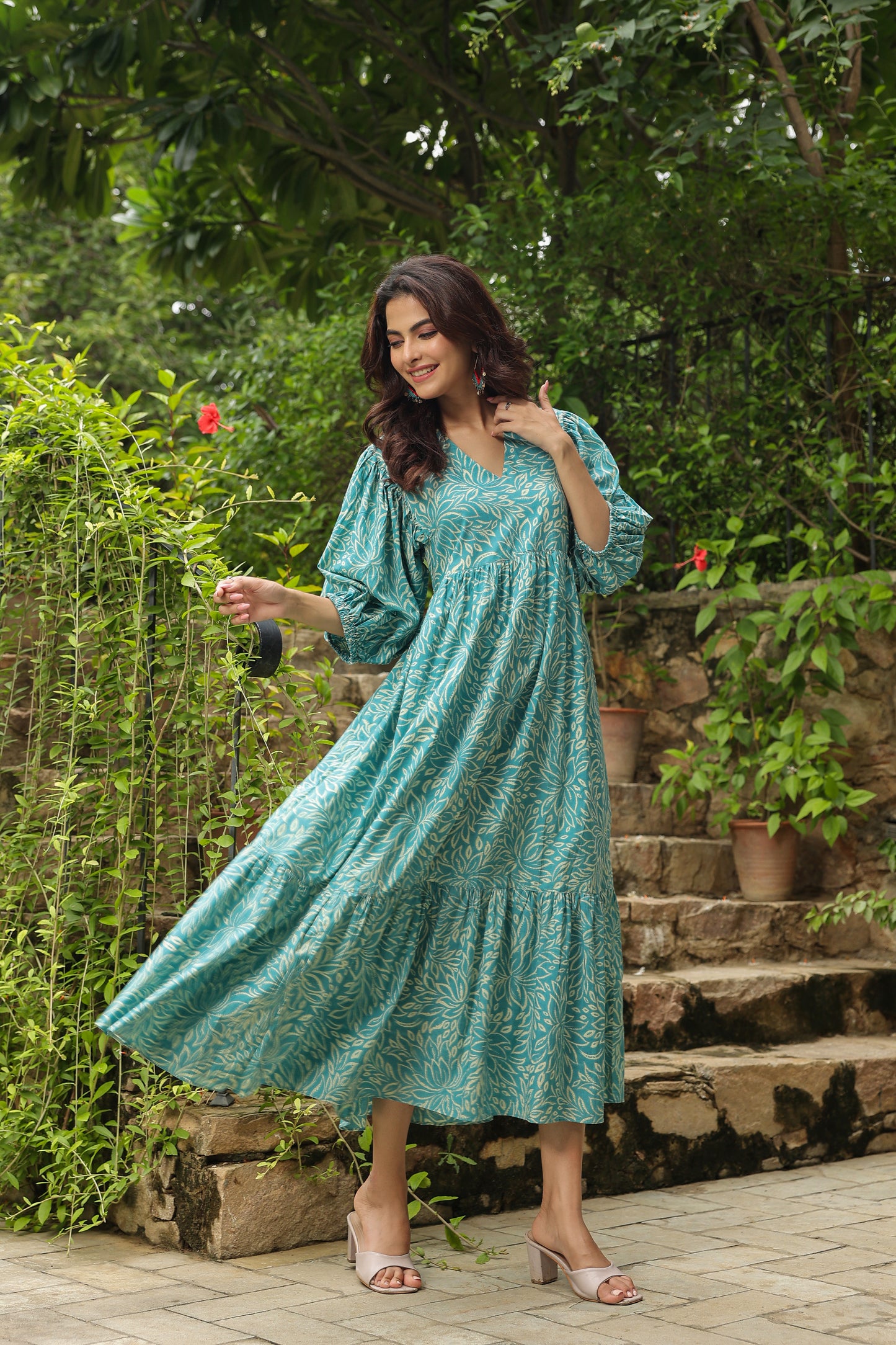 Sea Green Printed Zip Dress