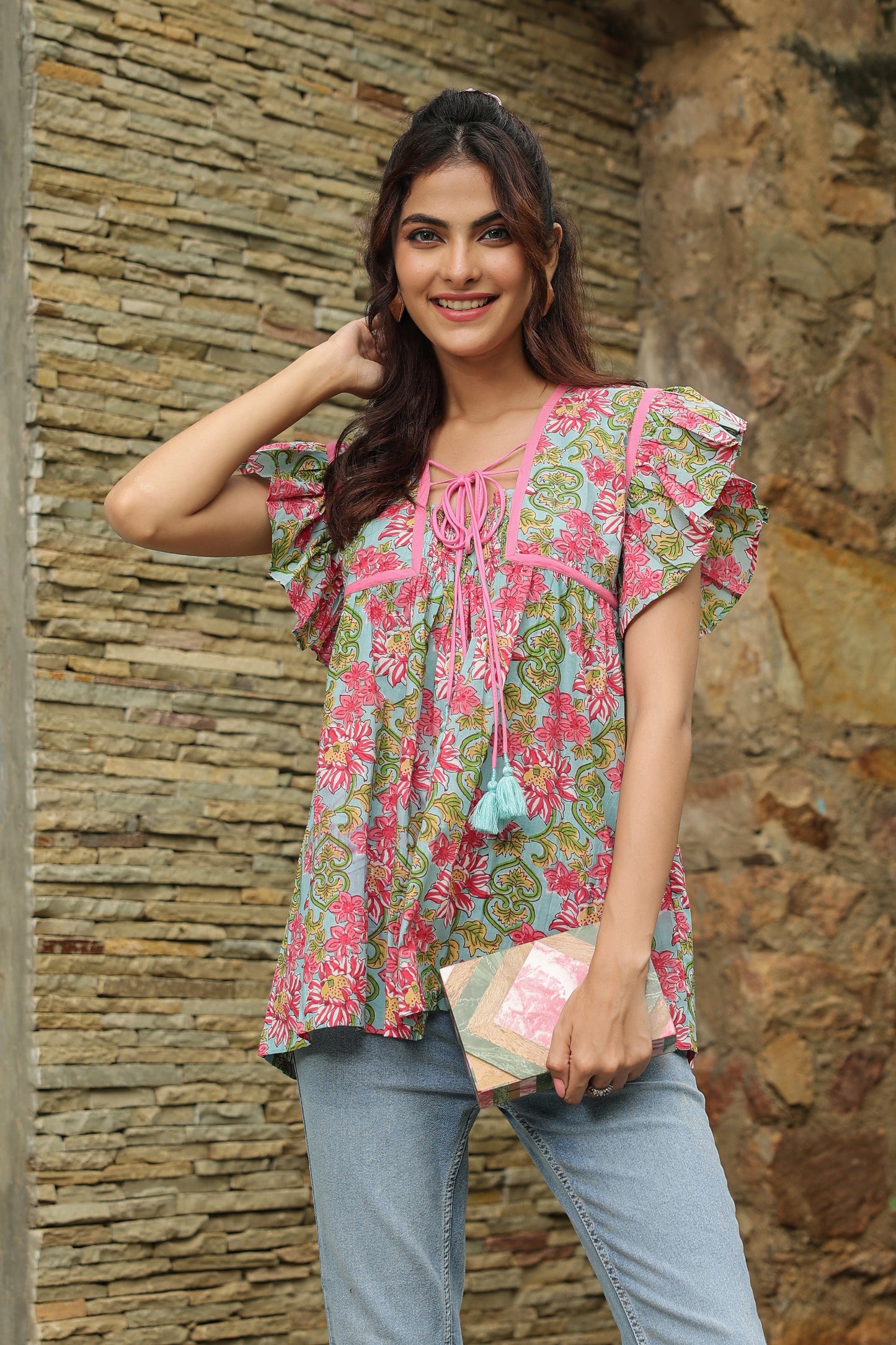 Ice Blue Printed Cotton Top
