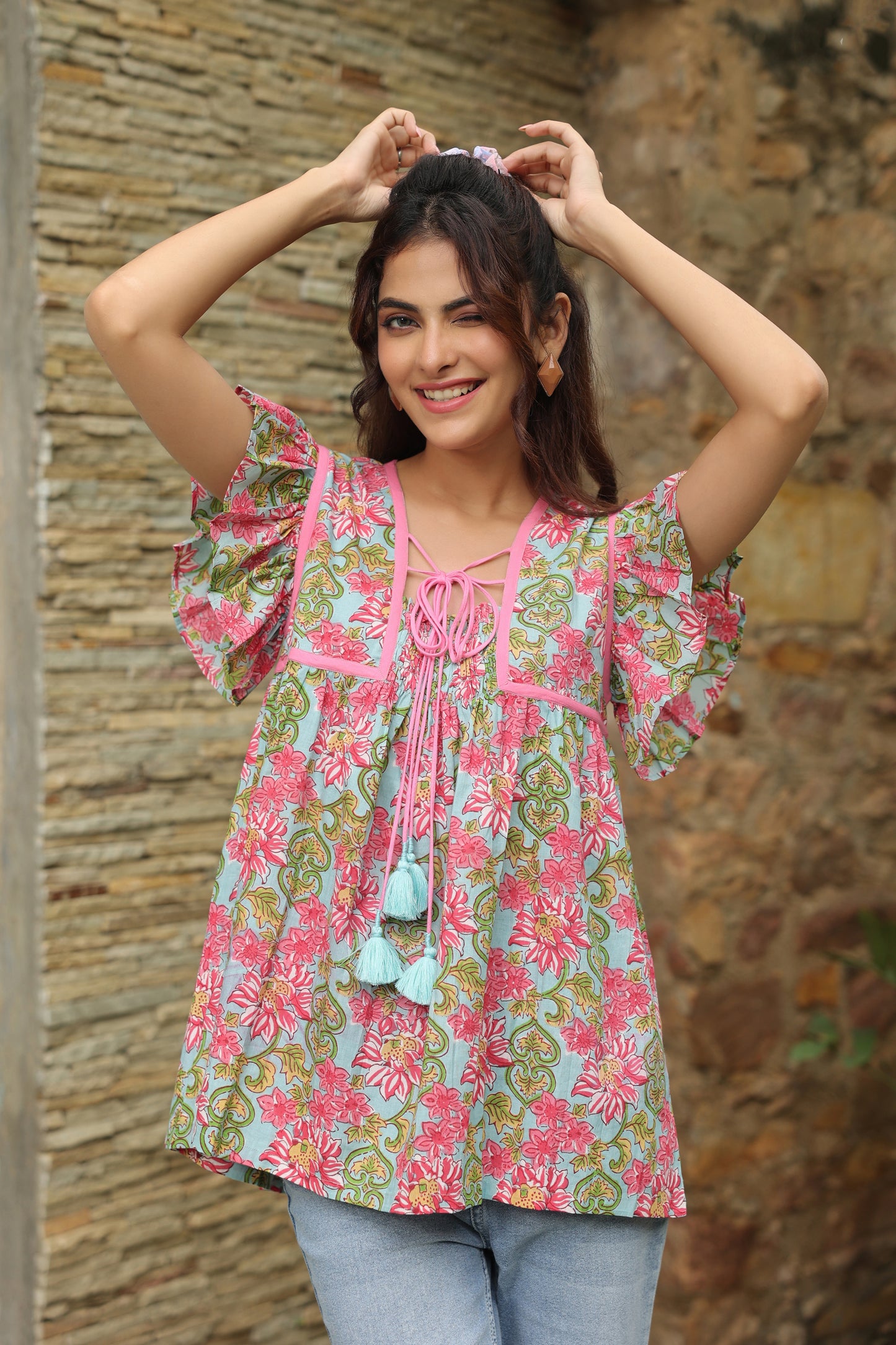 Ice Blue Printed Cotton Top