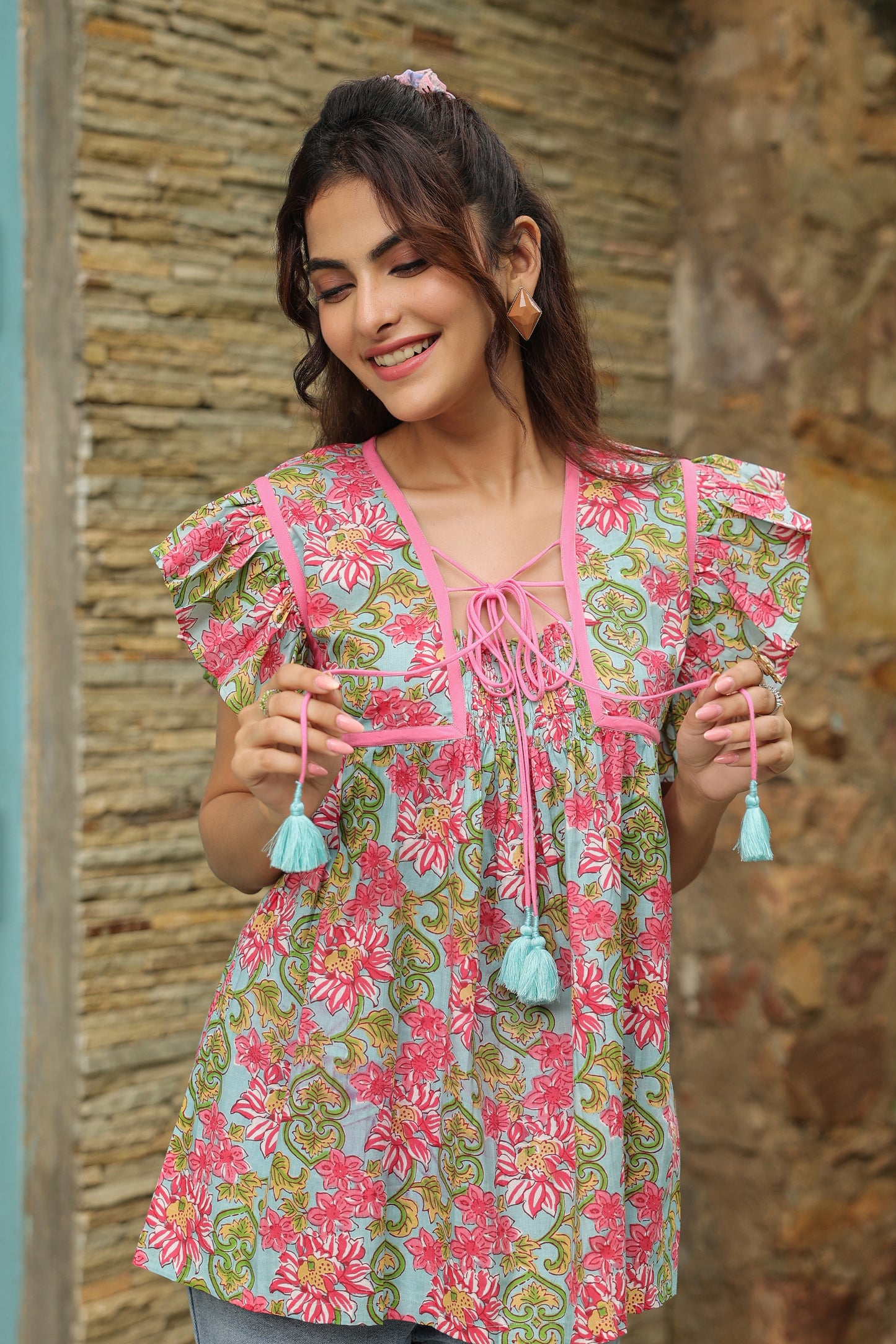Ice Blue Printed Cotton Top