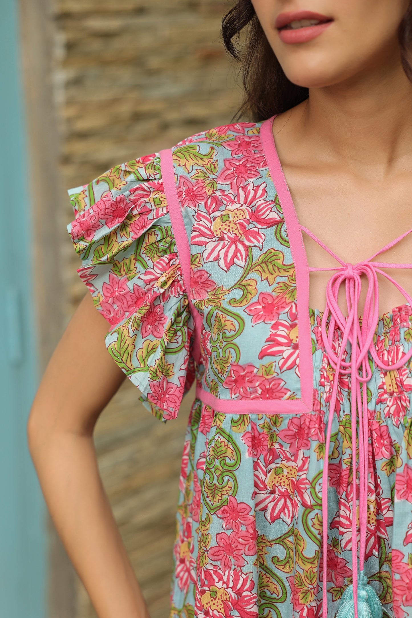 Ice Blue Printed Cotton Top