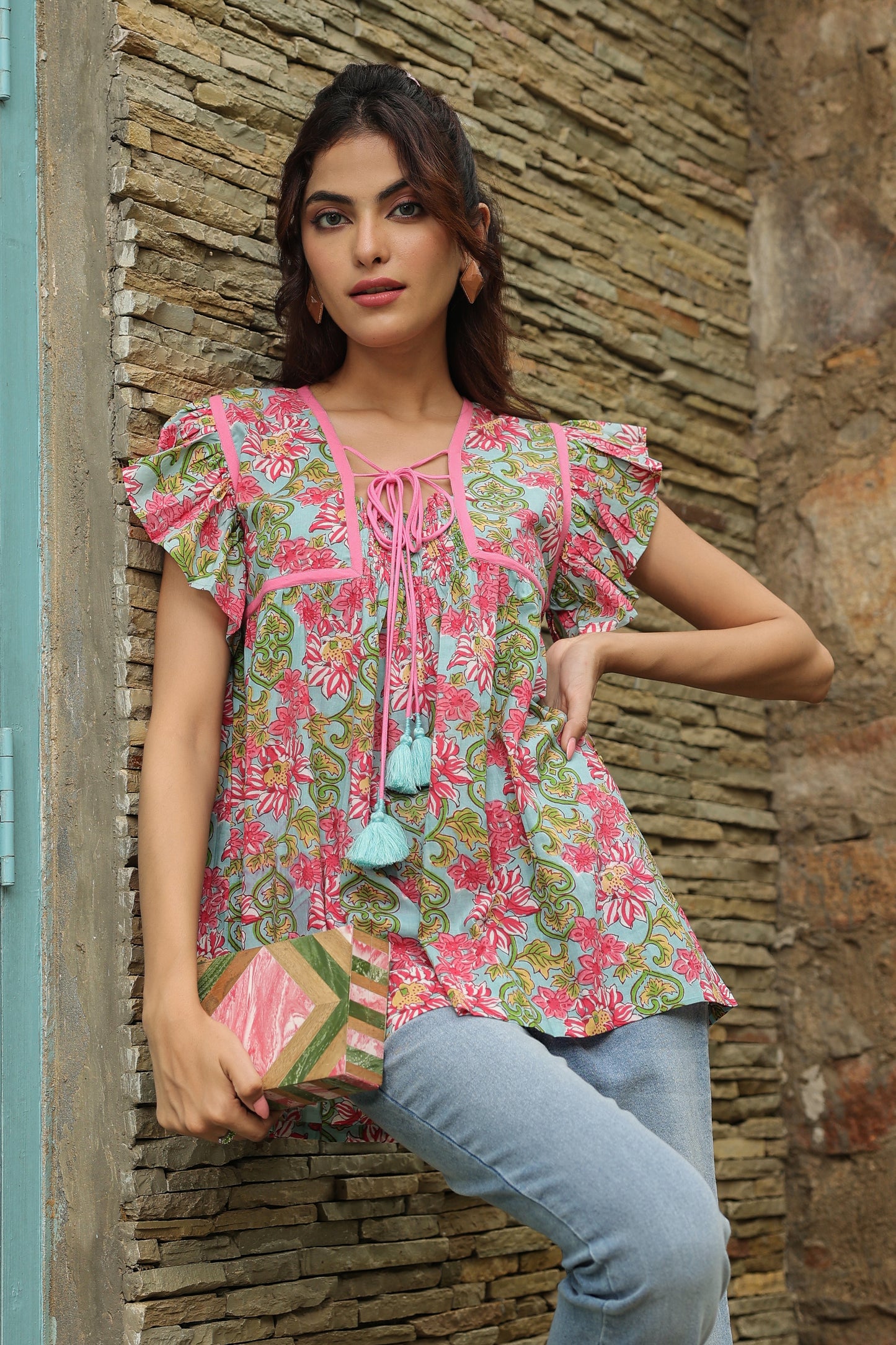Ice Blue Printed Cotton Top