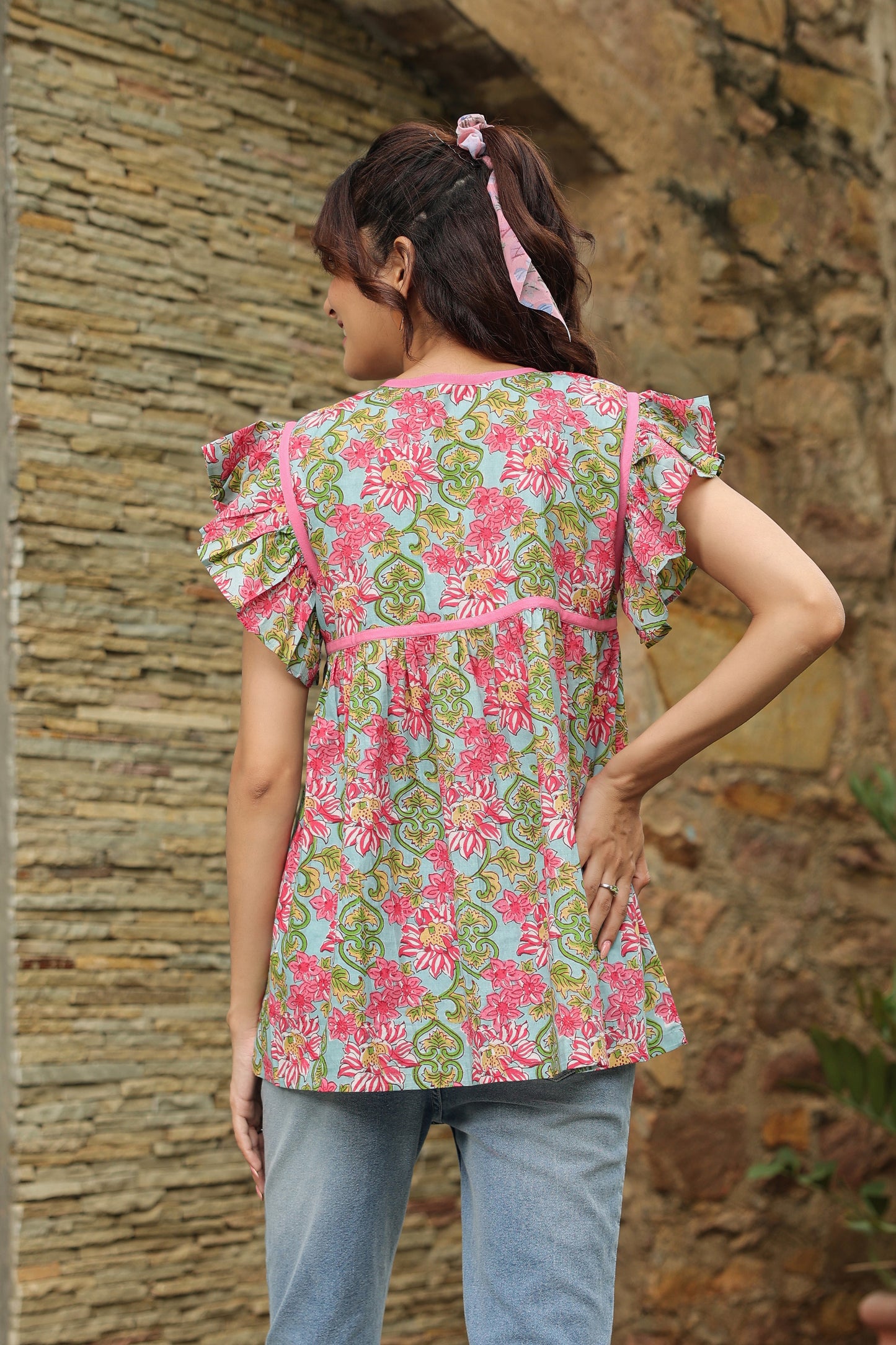 Ice Blue Printed Cotton Top