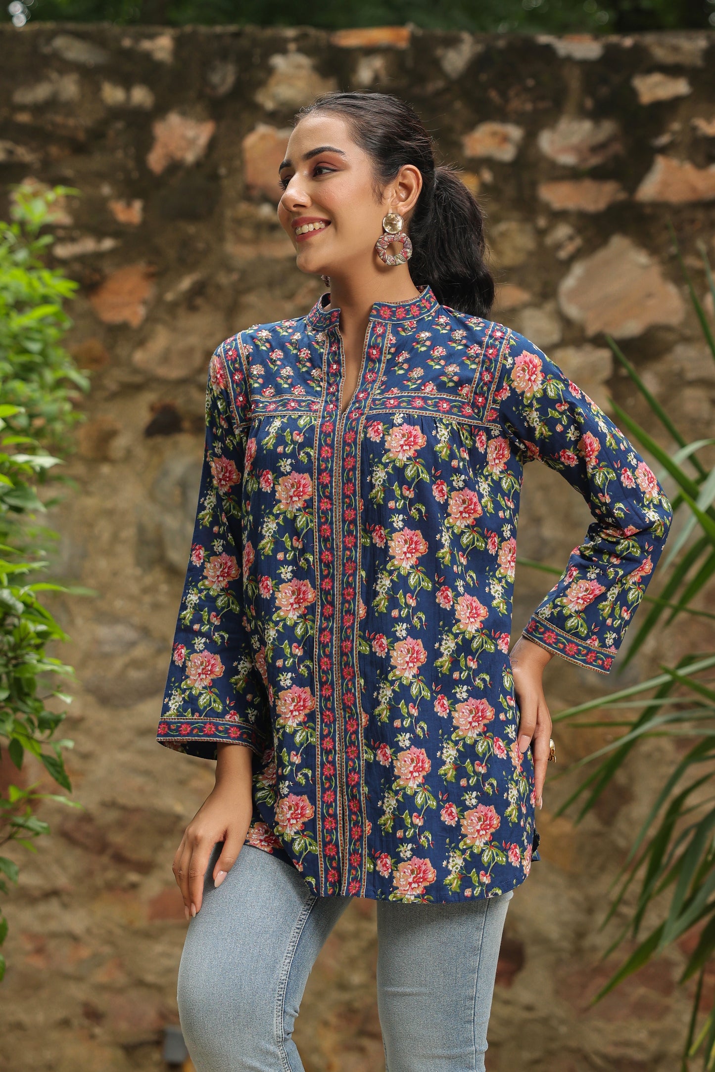 Blue Printed Longline A-Line Top