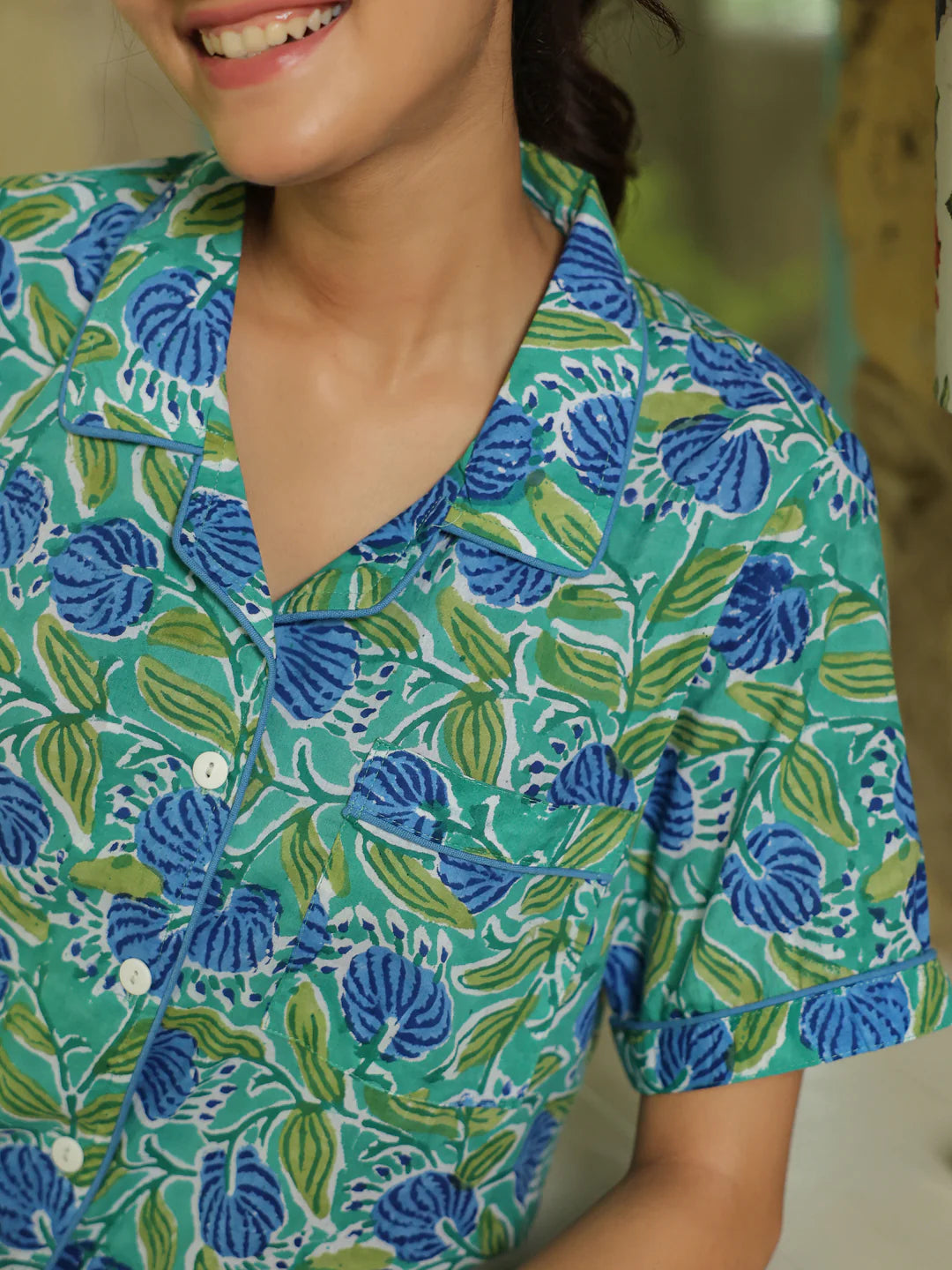 Green & Blue Handblock printed PJ Shorts set