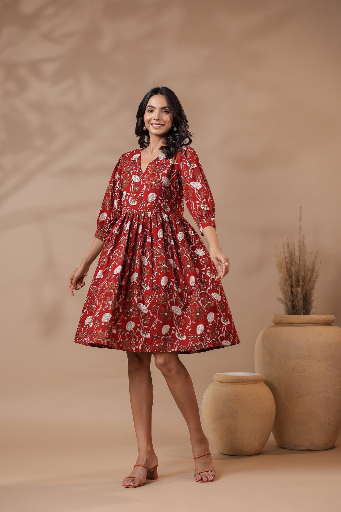 Bagru Printed V-Neck Printed Midi Dress