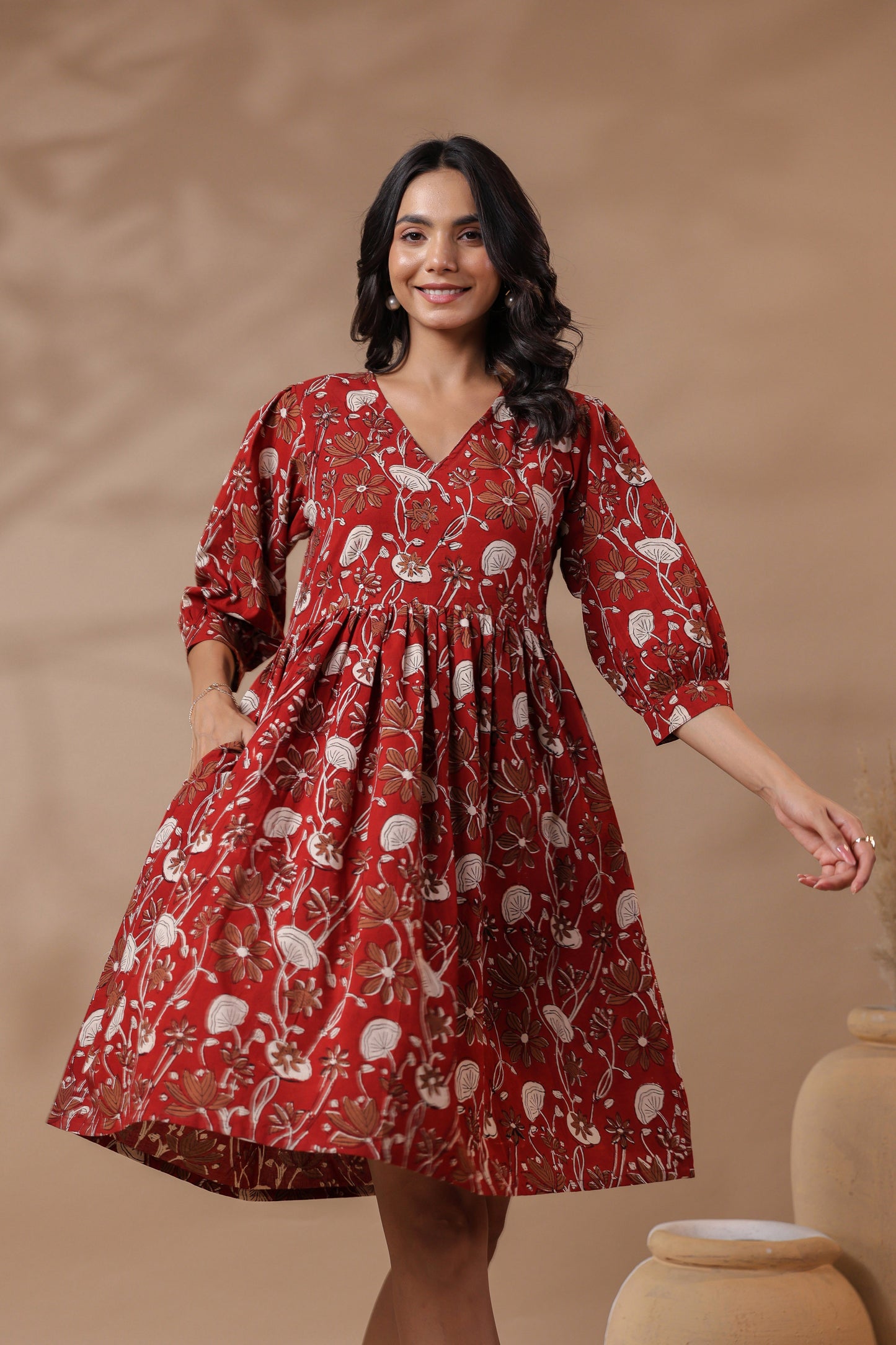 Bagru Printed V-Neck Printed Midi Dress